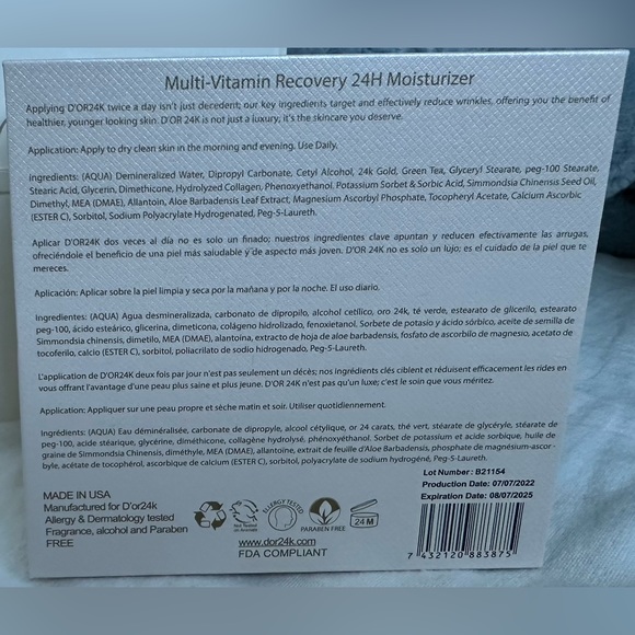 NIB D’OR24K Multi-Vitamin Recovery 24H Moisturizer {1.7 FL OZ} - Picture 9 of 10